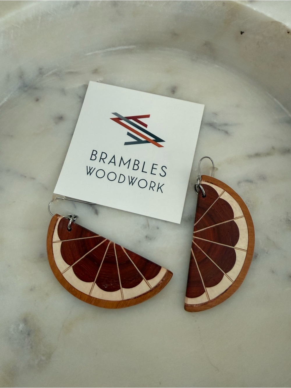 Brambles Woodwork Handmade Wood Inlay Citrus Slice Earrings Padauk Holly